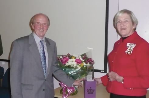 Radio Therapy The Lord Lieutenant of Dorset, Mrs Anthony Pitt-Rivers, presents the Queen's Award for Voluntary Service to Jimmy Ross, Vice-President and founder member of Hospital Radio Bedside