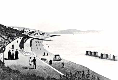 811edLyme6 This rather strange print, looking along The Walk, was drawn – in Germany! – from a photograph in the 1890s; it was copied from a postcard in the 1970s by a Lyme Regis turf accountant. Courtesy Lyme Regis Philpot Museum