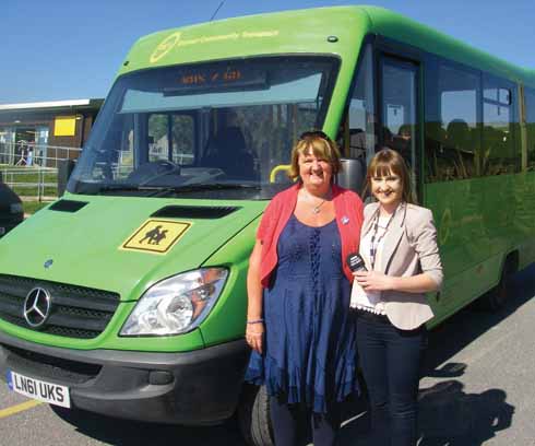Margo Kirk (left) being interviewed for BBC Radio Solent in front of the borrowed DCT bus used for here Bus2Go
