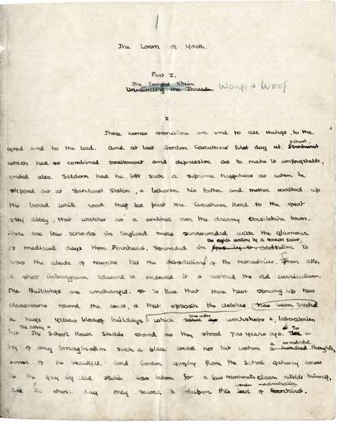 Chapter 1, page 1 with its initial heading of 'Unravelling the threads', initially replaced by 'The tangled skein' and then the punning 'Warp and Woof' . The chapter opens with the sentence: 'There comes sometime an end to all things, to the good and to the bad', which might equally have been Waugh's final verdict on his leaving Sherborne School