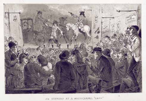 Each music hall had its own character... and characters; this Whitechapel 'gaff' was one of the rougher ones
