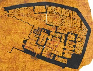 Drawn on another scrap of loose leaf paper, a plan of the castle site showing gardens as well as a kitchen, servants’ hall, larder, housekeeping  