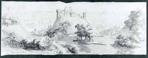 A skillfully executed sketch of a restored Corfe Castle dominating a pastoral scene that may or may not have reflected an actual one