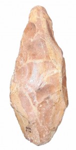 The  Dewey hand axe, the original colors of which were bleached and stained by river deposits