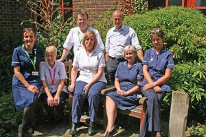 Members of Dorset County Hospital Cancer Centre clinical team – Abi Orchard, Kay May, Maria Bennett, Tracey Turnbull, Karen Buckingham, Robert Mitchell, Perric Crellin